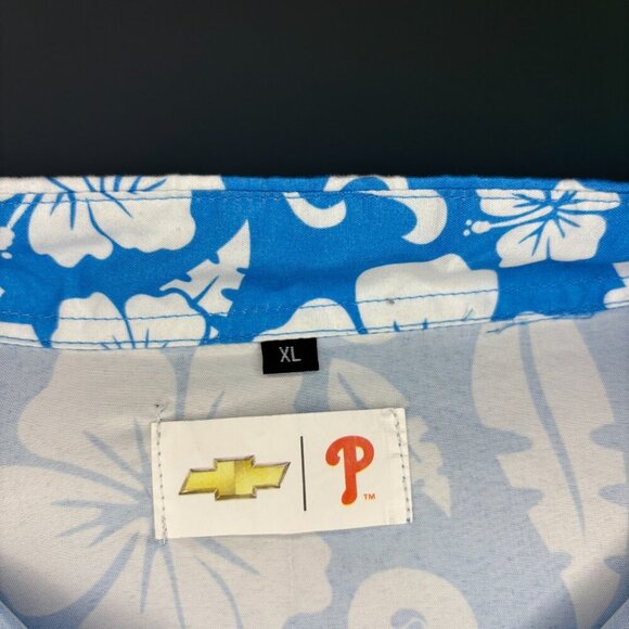 CHEVROLET PHILLIES Men's XL Hawaiian Collared Short Sleeve Shirt Blue White - Picture 4 of 4